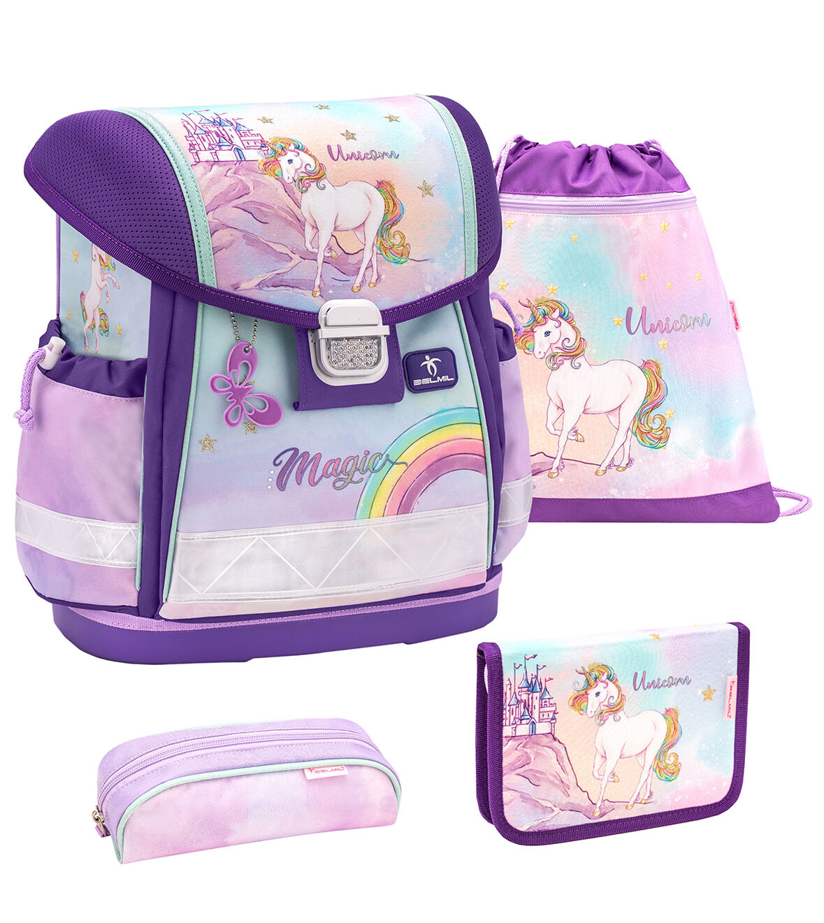 Belmil Schulranzen Set Classy 4tlg. Rainbow Unicorn Magic lila