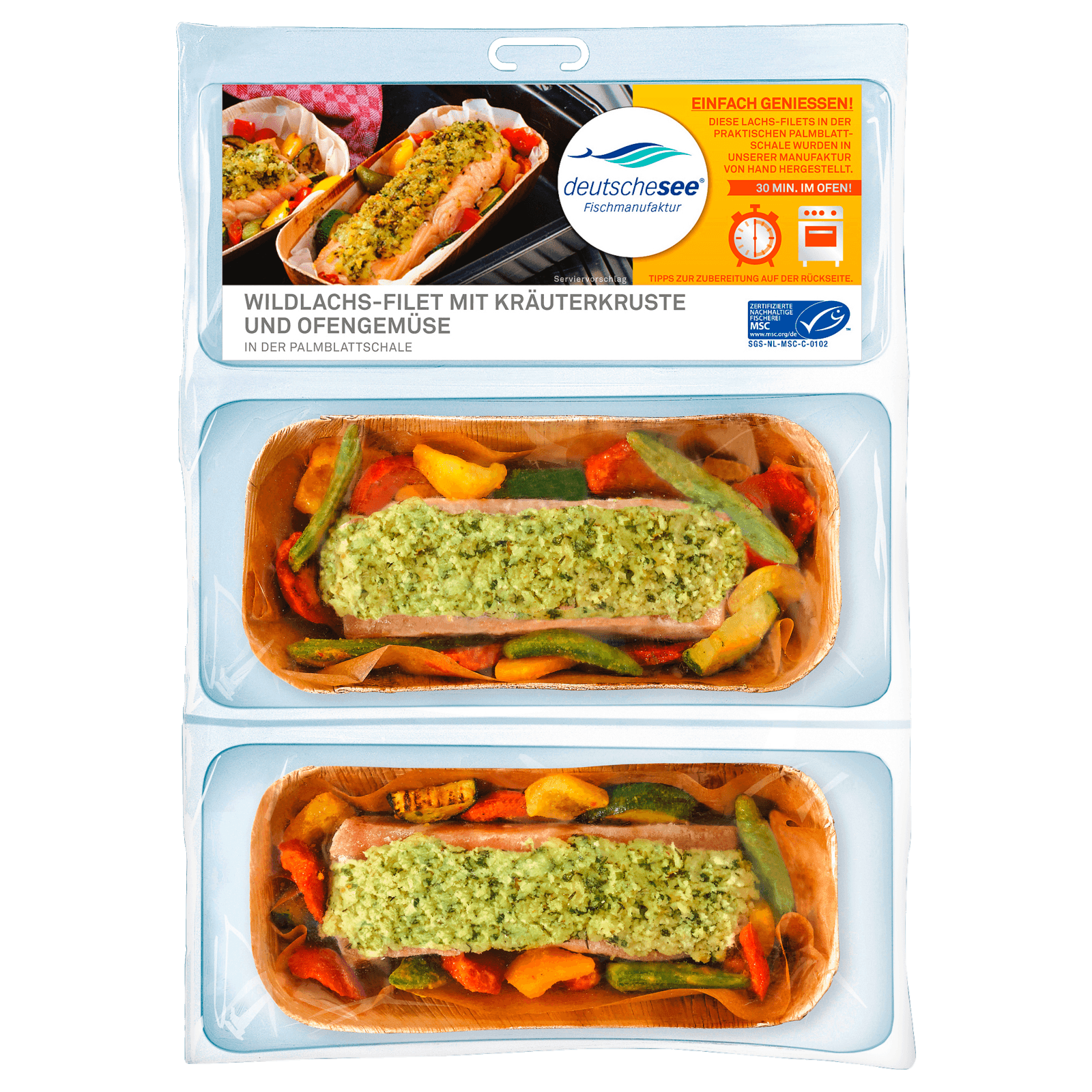 Deutsche See Wildlachs-Filet mit Kräuterkruste & Ofengemüse 540g, 2 Stück