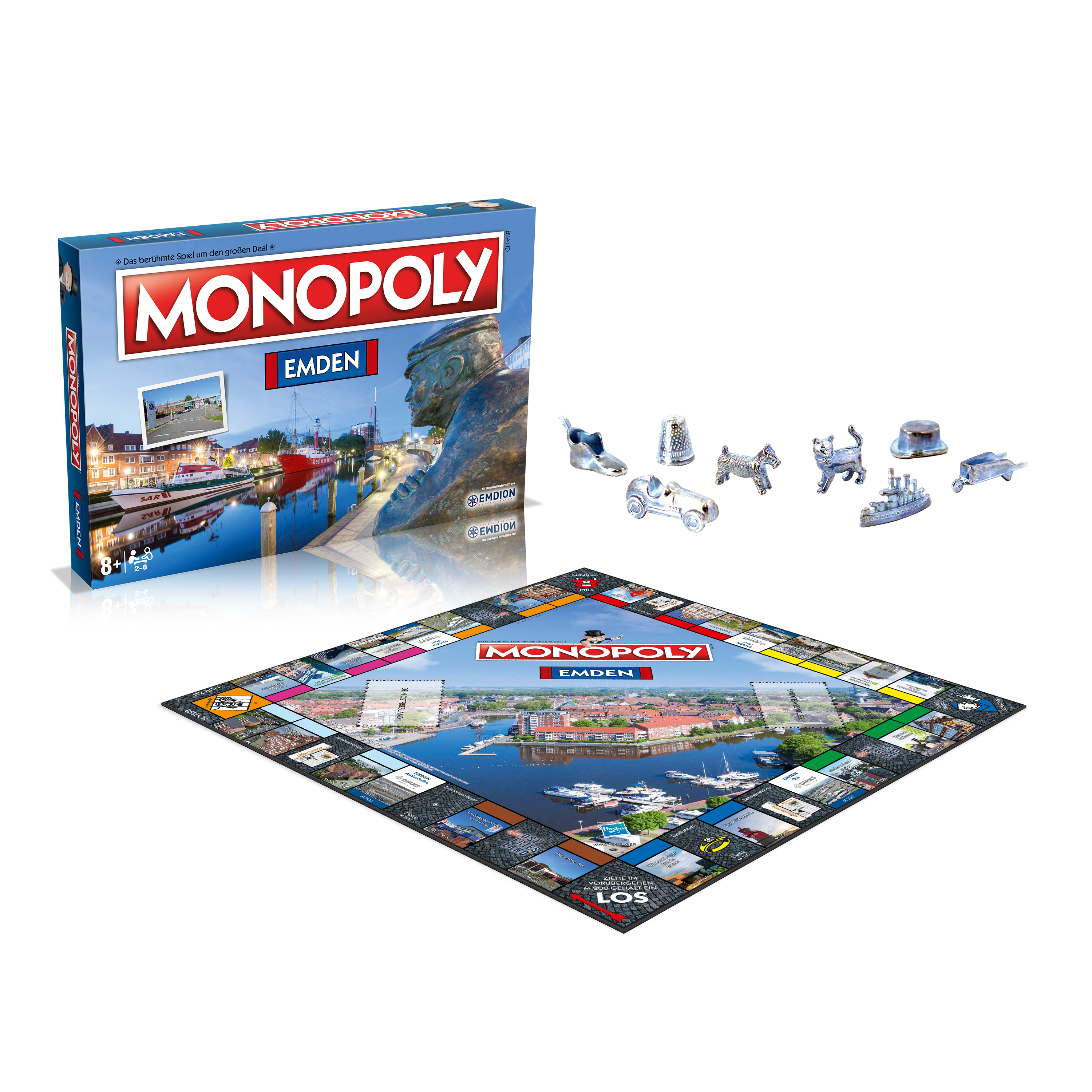 Das Spielbrett, die Spielfiguren und die Verpackung des Monopoly Emden