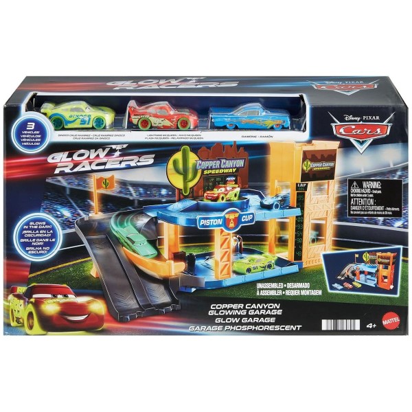 Mattel HPX75 - Disney Pixar Cars - Copper Canyon Leuchtende Garage Spielset – Rennspaß im Dunkeln!