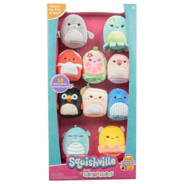 Jazwares SQM0447 - Squishville by Squishmallows - 10er-Pack Urlaubs Squad, Plüschfigur, 5 cm